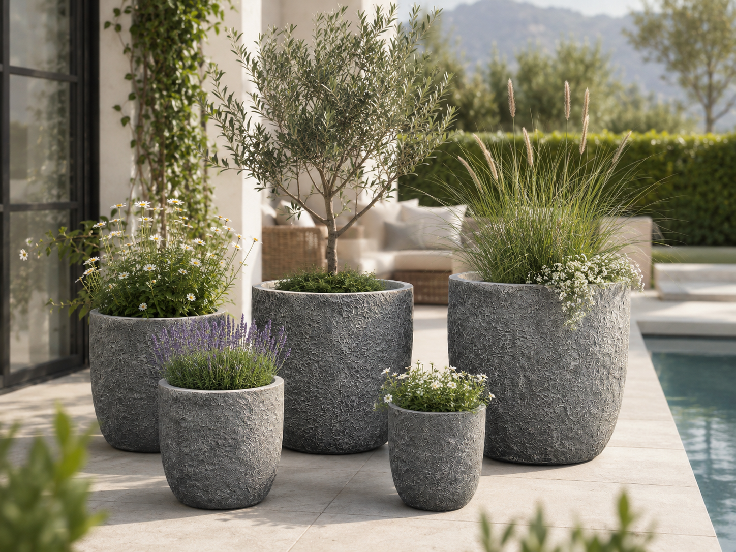 Outdoor <a href=/products.html target='_blank'>fiber clay planter pots</a> beside a pool and terrace