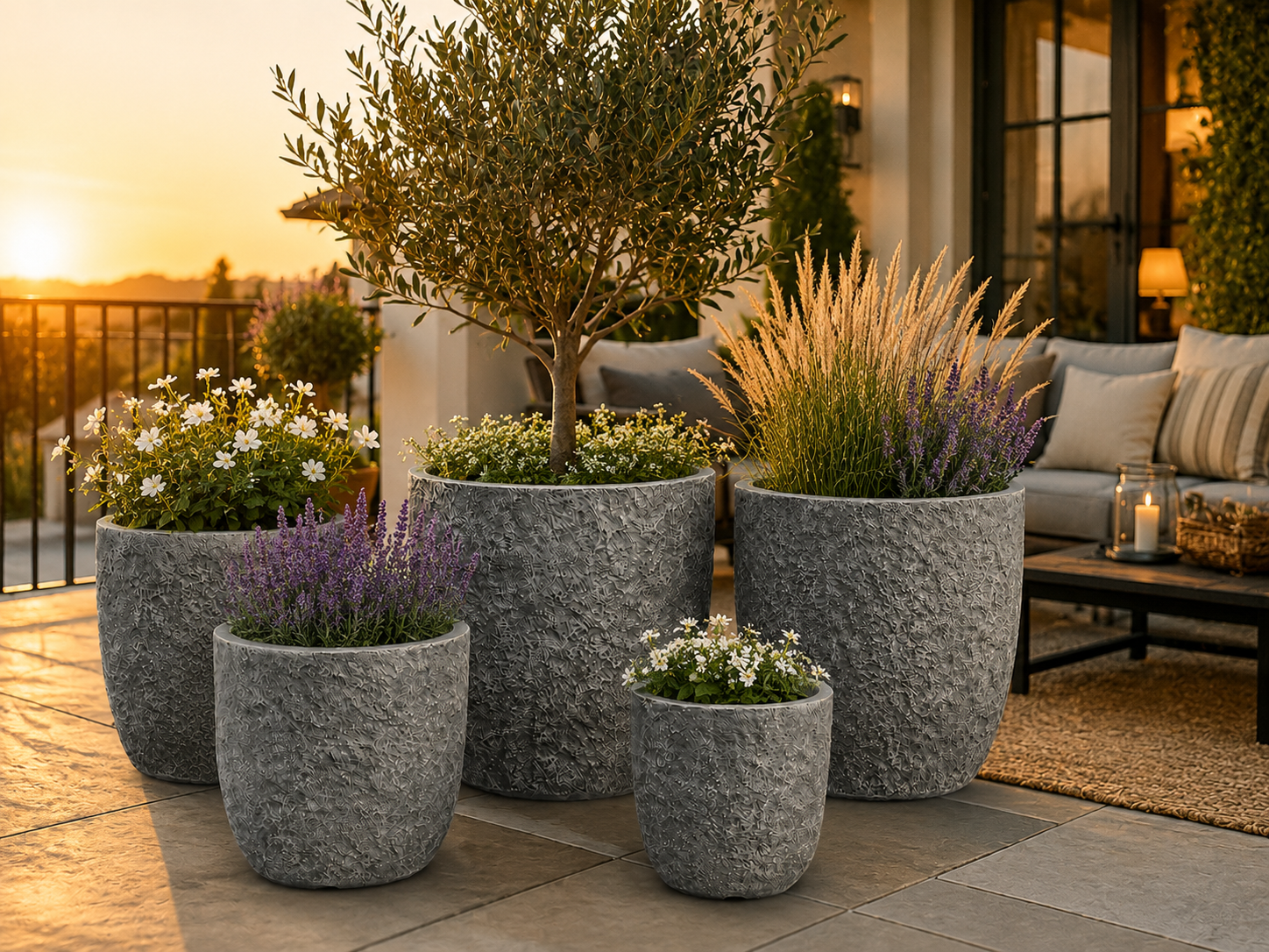 Natural stone look planter set for rooftop and hotel patio projects