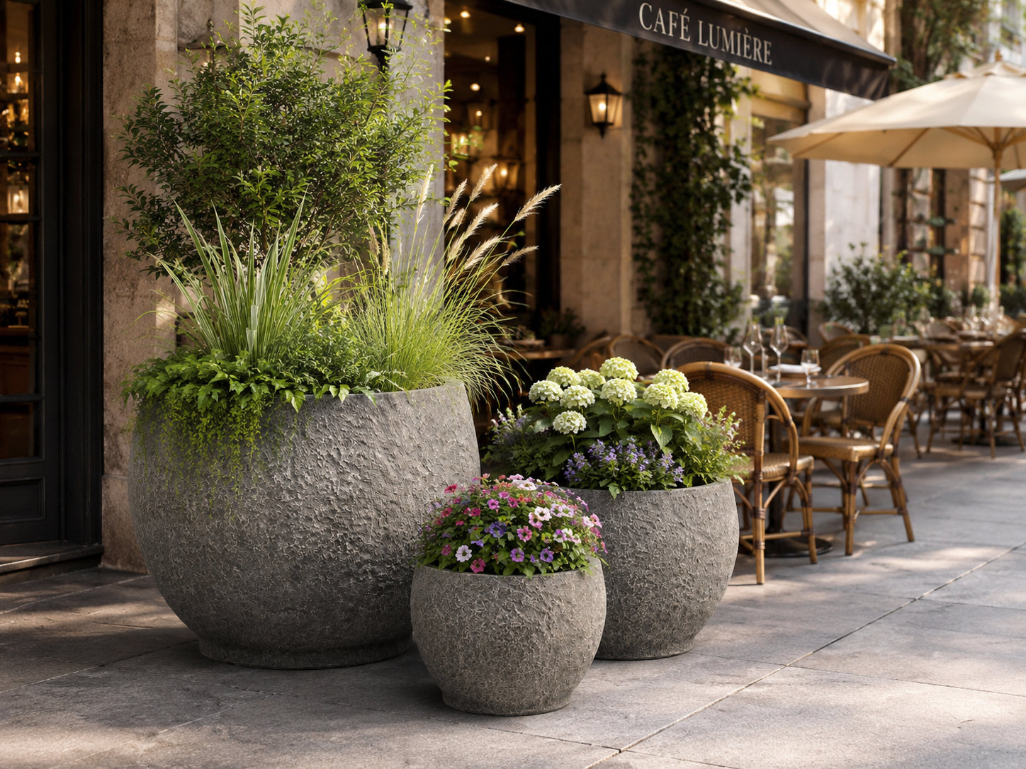 Round Fiberclay Planter Pot Sets of 3 with Natural Stone Look Finishing outdoor application view 1