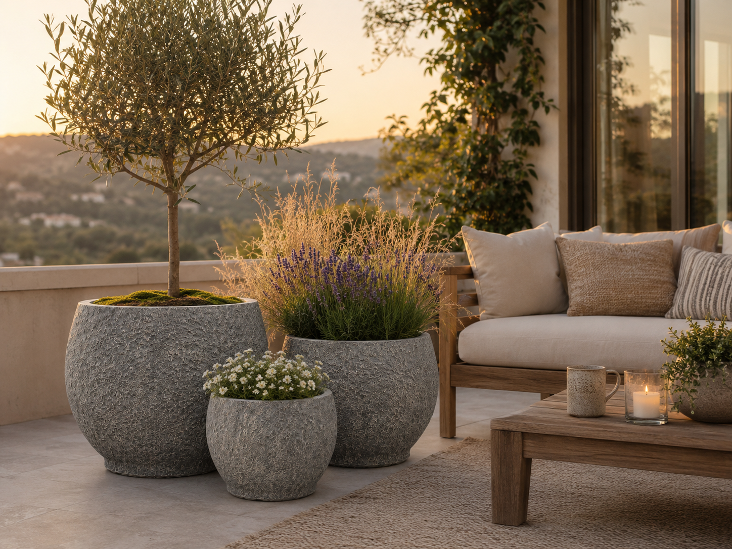 Round Fiberclay Planter Pot Sets of 3 with Natural Stone Look Finishing outdoor application view 2