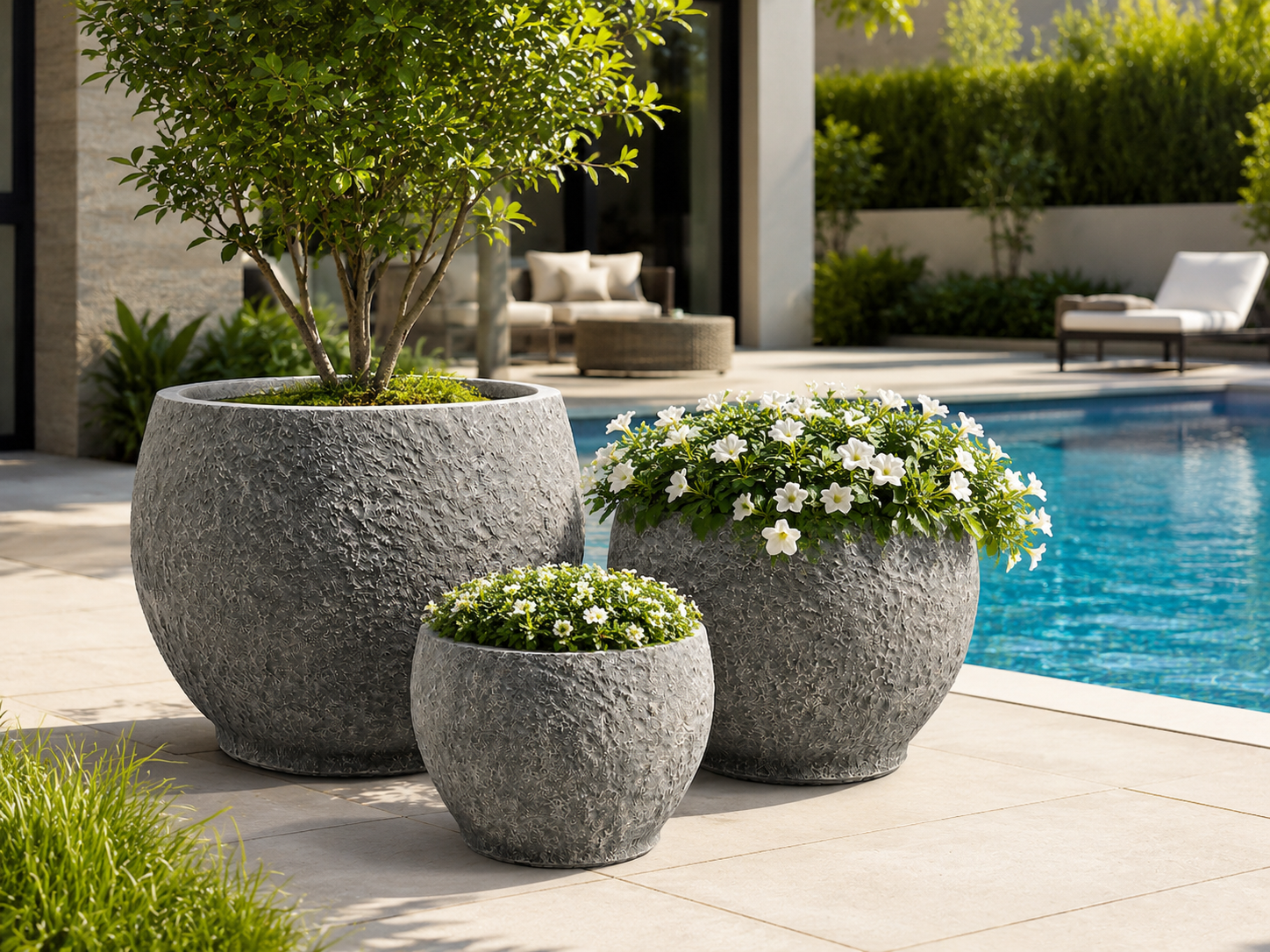 Round Fiberclay Planter Pot Sets of 3 with Natural Stone Look Finishing outdoor application view 3