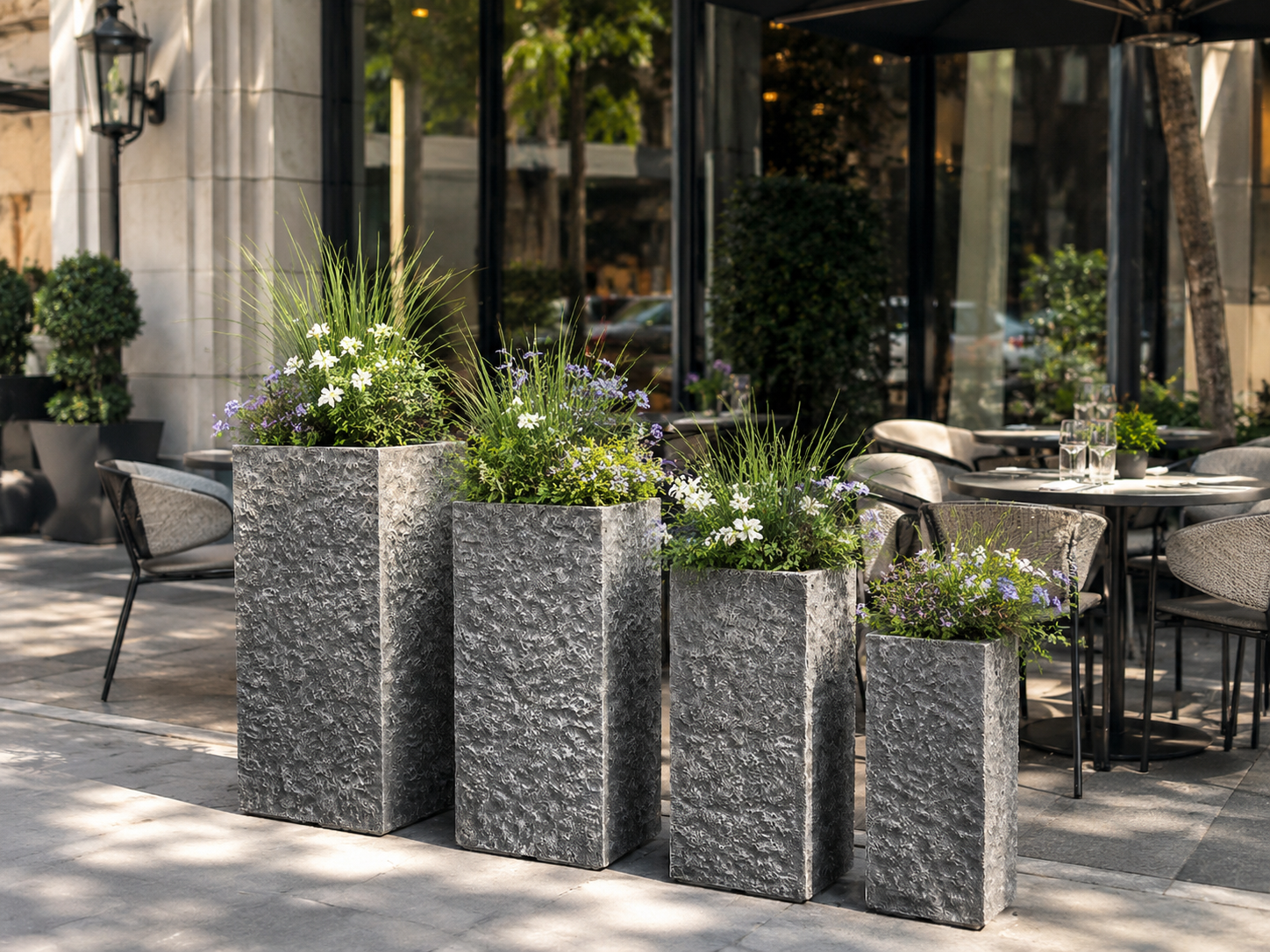 Lightweight Square Fiber Clay Planter Pots Set of 4, Outdoor Stone Look Garden Planters for Commercial Landscaping outdoor application view 1
