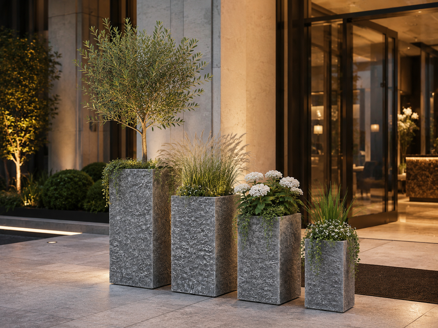 Lightweight Square Fiber Clay Planter Pots Set of 4, Outdoor Stone Look Garden Planters for Commercial Landscaping outdoor application view 2