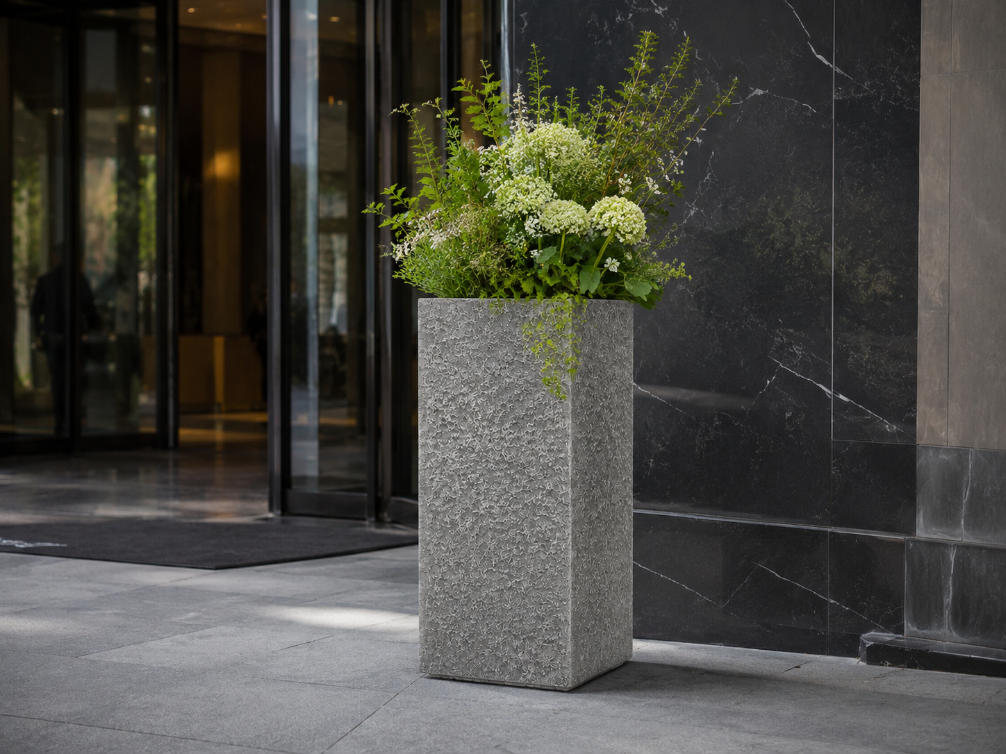 Lightweight Square Fiber Clay Planter Pots Set of 4, Outdoor Stone Look Garden Planters for Commercial Landscaping outdoor application view 3