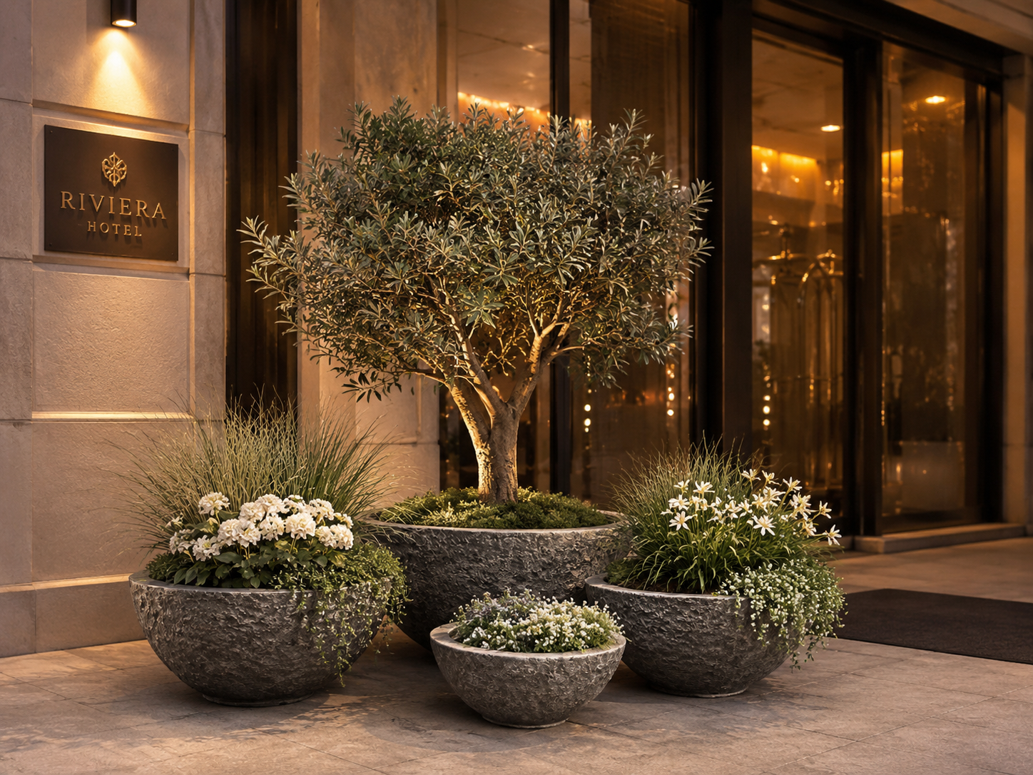 Round Bowl Fiber Clay Planter Pots, Set of 4, Natural Stone Look Finish, Lightweight Outdoor Garden Planters for Patios and Terraces outdoor application view 1