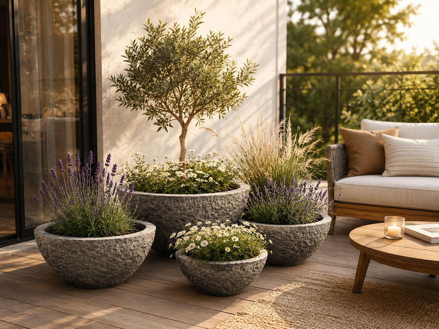 Round Bowl Fiber Clay Planter Pots, Set of 4, Natural Stone Look Finish, Lightweight Outdoor Garden Planters for Patios and Terraces outdoor application view 3