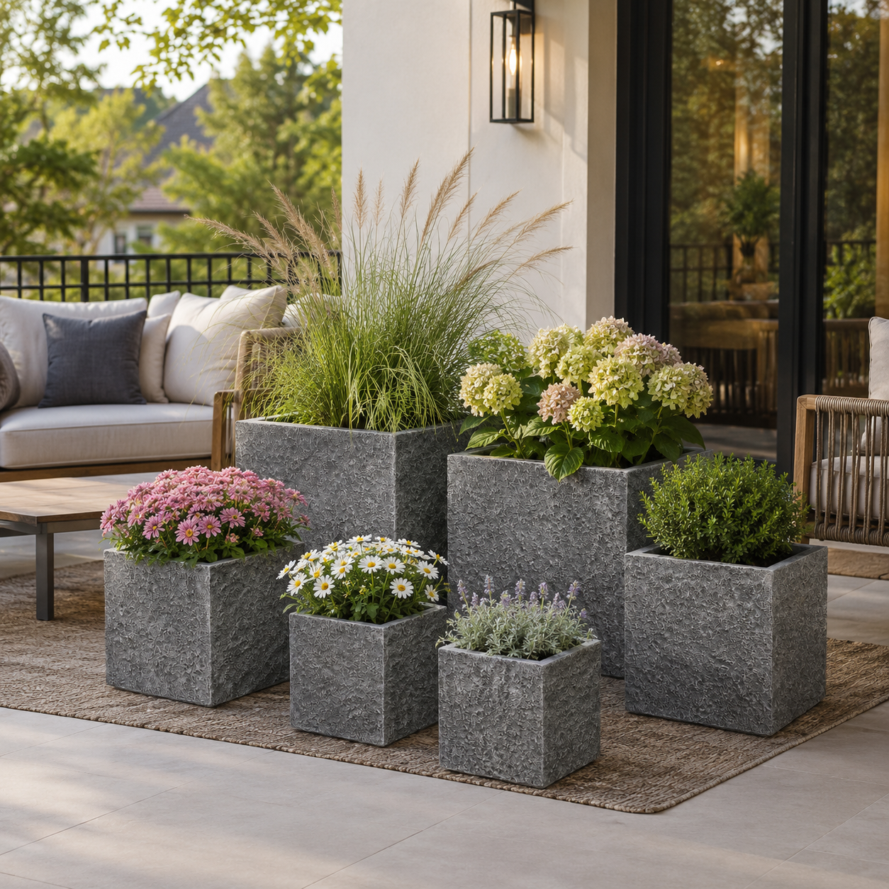 Square Fiber Clay Planter Pots, Set of 6, Natural Stone Look Finish, Lightweight Outdoor Planters for Patio, Balcony and Garden outdoor application view 1