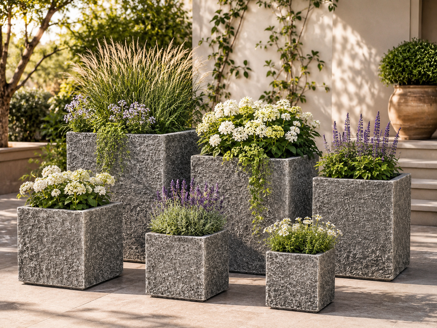 Square Fiber Clay Planter Pots, Set of 6, Natural Stone Look Finish, Lightweight Outdoor Planters for Patio, Balcony and Garden outdoor application view 2