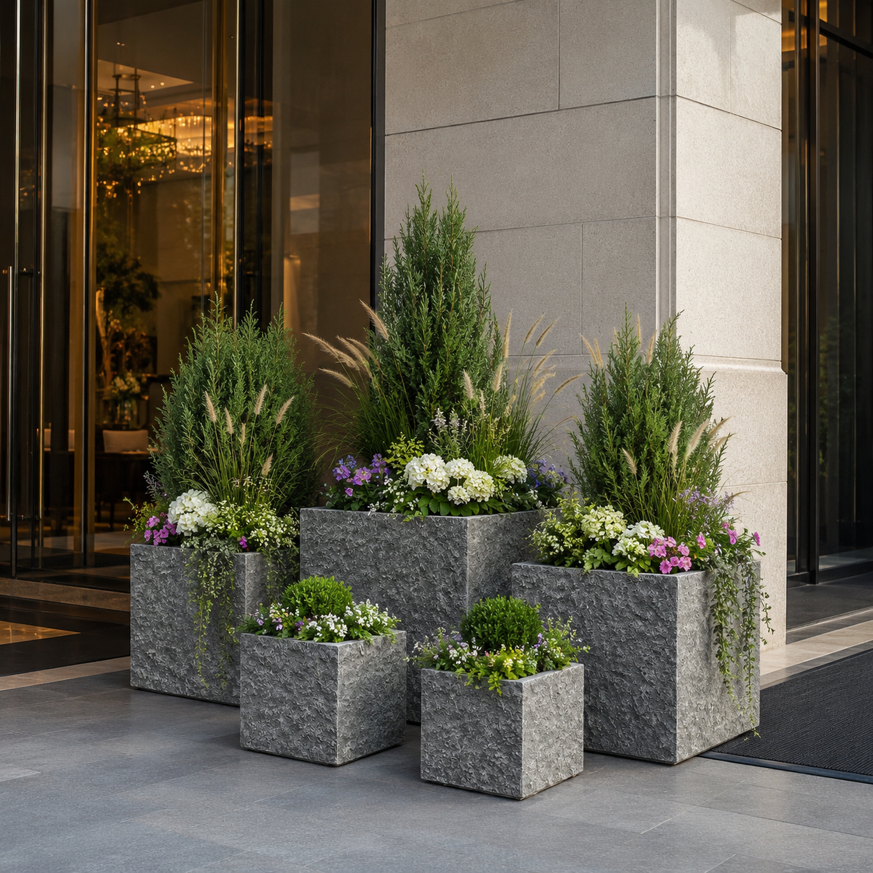 Square Fiber Clay Planter Pots, Set of 6, Natural Stone Look Finish, Lightweight Outdoor Planters for Patio, Balcony and Garden outdoor application view 3