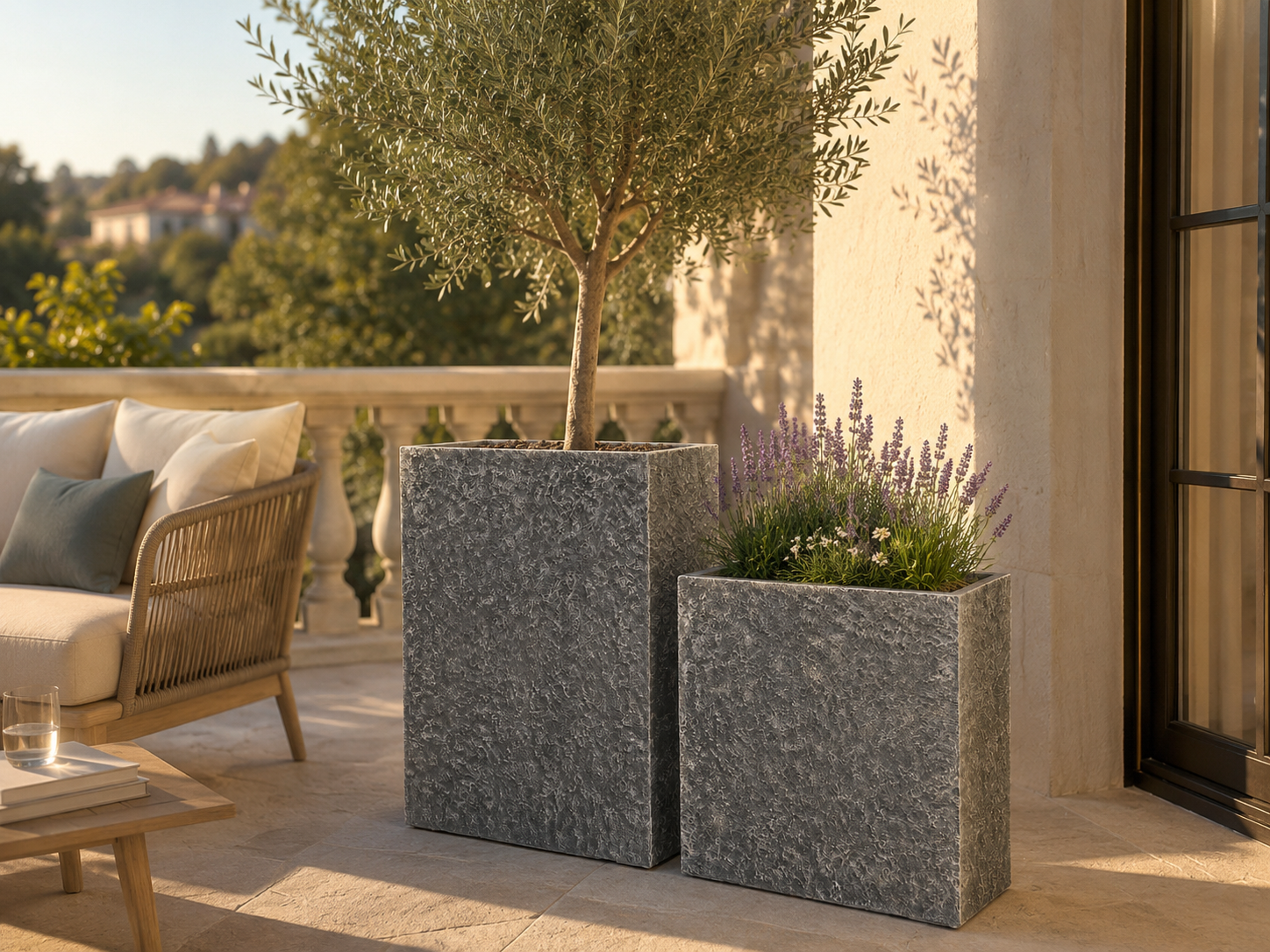 Tall Trough Fiber Clay Planter Pots, Set of 2, Natural Stone Look Finish, Lightweight Outdoor Planters for Balcony, Patio and Terrace outdoor application view 1