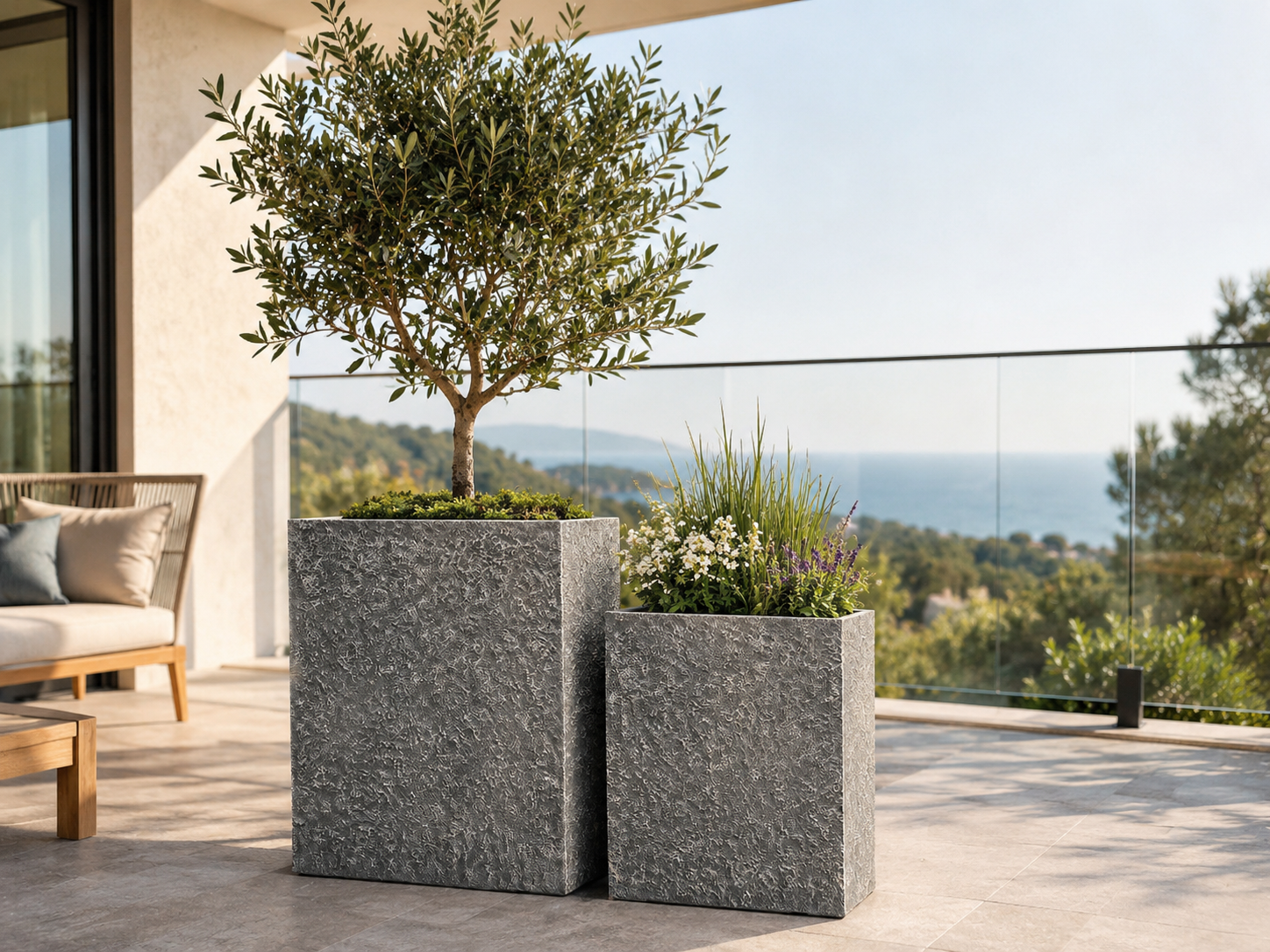 Tall Trough Fiber Clay Planter Pots, Set of 2, Natural Stone Look Finish, Lightweight Outdoor Planters for Balcony, Patio and Terrace outdoor application view 3