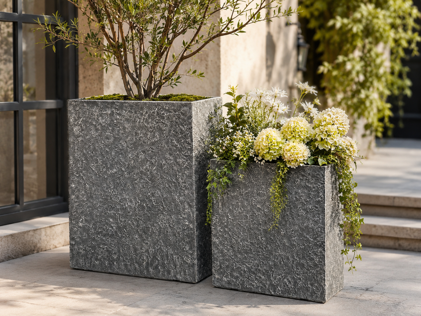 Tall Trough Fiber Clay Planter Pots, Set of 2, Natural Stone Look Finish, Lightweight Outdoor Planters for Balcony, Patio and Terrace outdoor application view 2