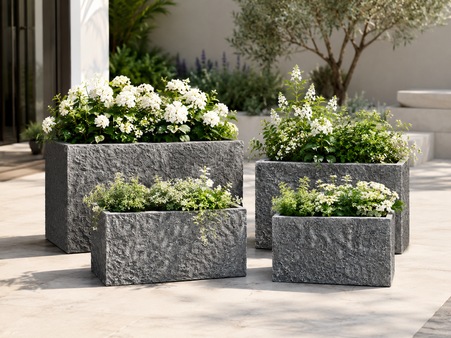 Rectangular Fiber Clay Trough Planters, Set of 4, Natural Stone Look Finish, Lightweight Outdoor Planter Boxes for Balcony, Patio and Garden outdoor application view 2
