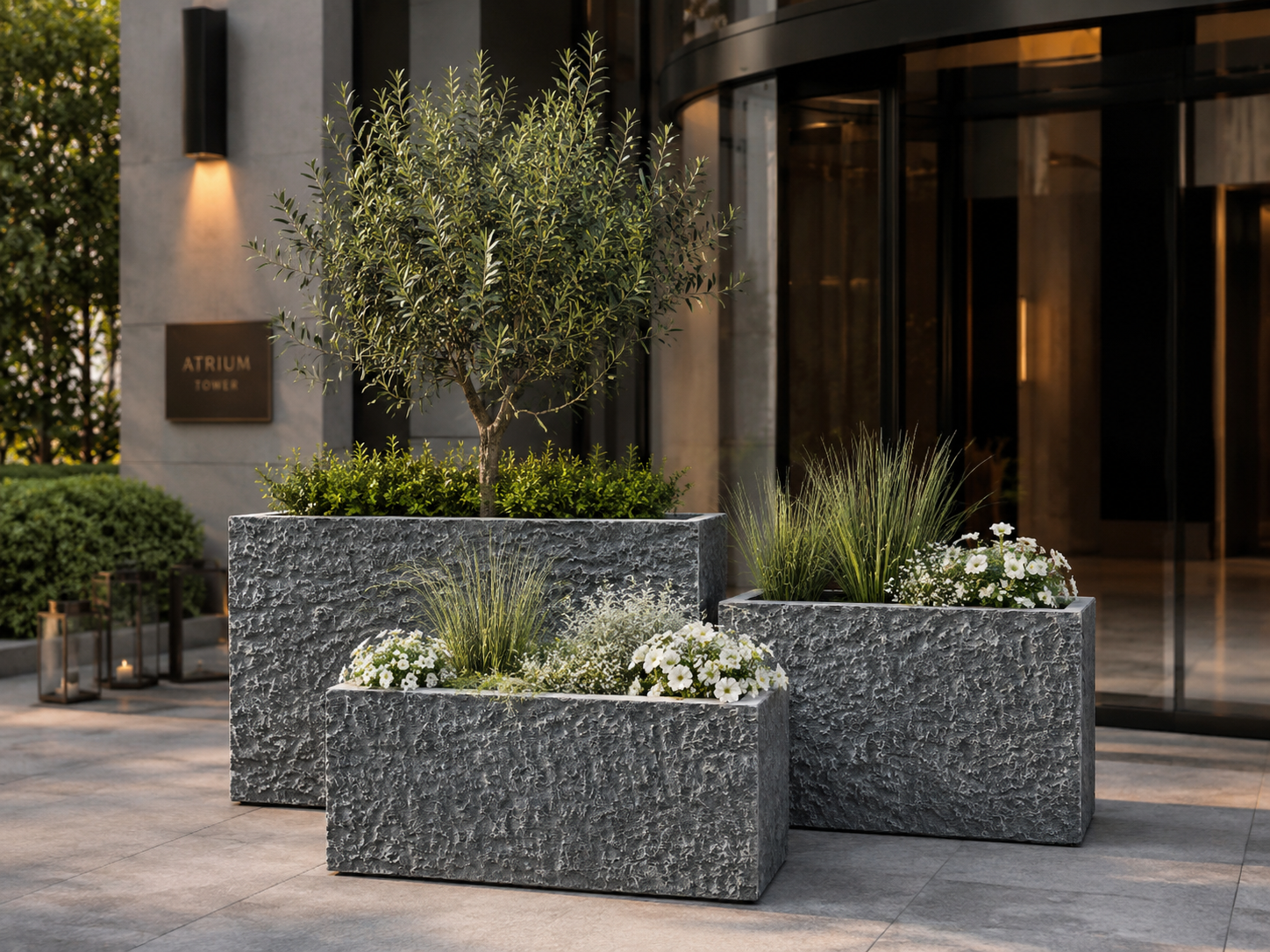 Rectangular Fiber Clay Trough Planters, Set of 4, Natural Stone Look Finish, Lightweight Outdoor Planter Boxes for Balcony, Patio and Garden outdoor application view 3