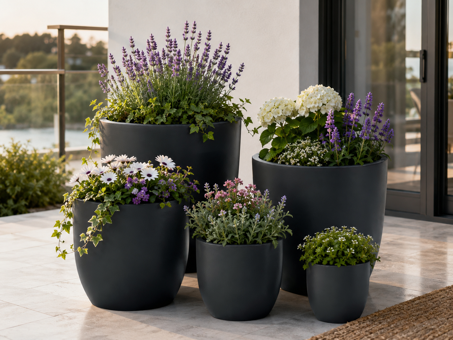 Round Fiber Clay Planter Pots, Set of 5, Matte Black Finish, Lightweight Outdoor Garden Planters for Patio and Landscape Decoration outdoor application view 1