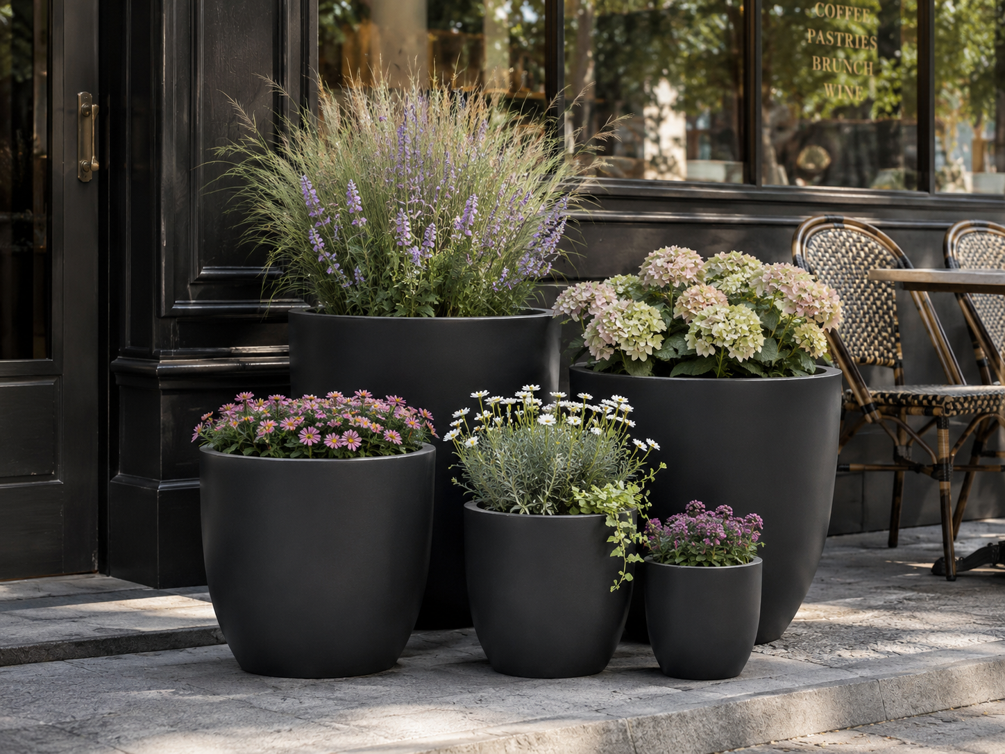 Round Fiber Clay Planter Pots, Set of 5, Matte Black Finish, Lightweight Outdoor Garden Planters for Patio and Landscape Decoration outdoor application view 2