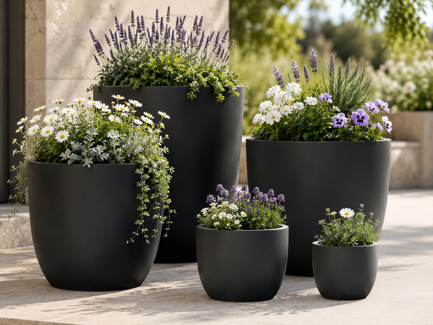 Round Fiber Clay Planter Pots, Set of 5, Matte Black Finish, Lightweight Outdoor Garden Planters for Patio and Landscape Decoration outdoor application view 3