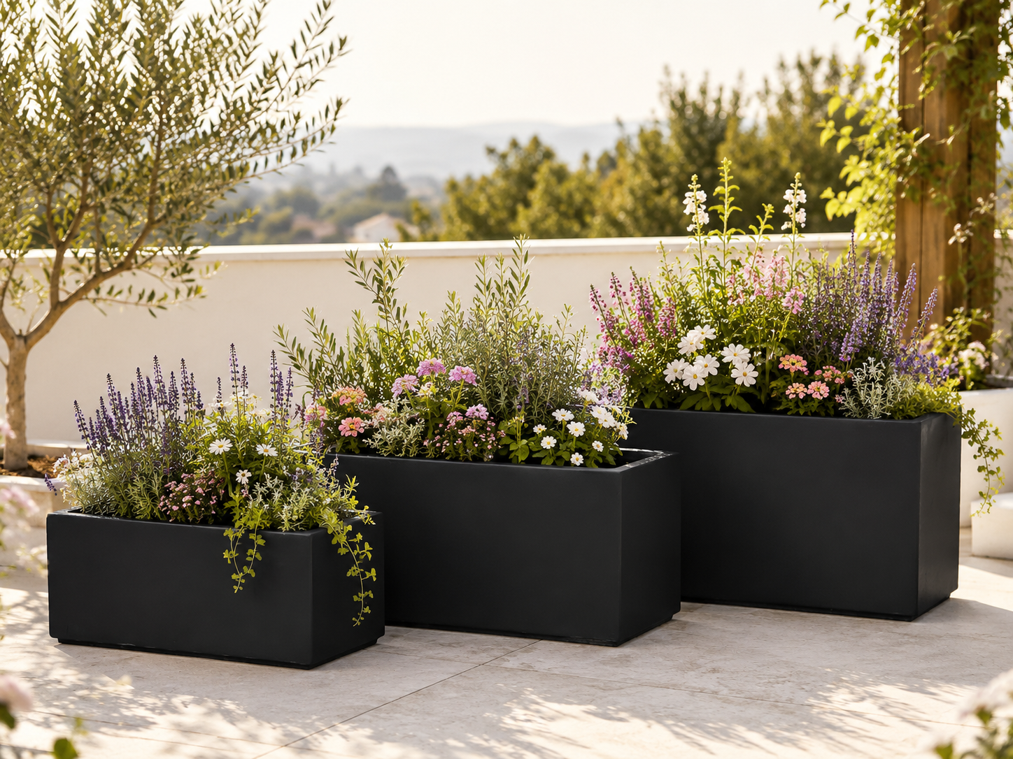 Rectangle Fiber Clay Planter Pots, Set of 3, Lightweight Outdoor Planters for Balcony, Patio and Terrace outdoor application view 3