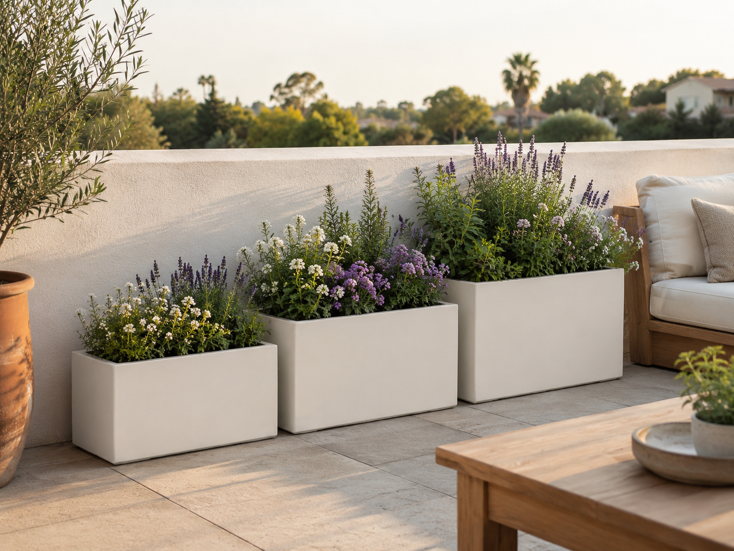 Rectangle Fiber Clay Planter Pots, Set of 3, Lightweight Outdoor Planters for Balcony, Patio and Terrace outdoor application view 1