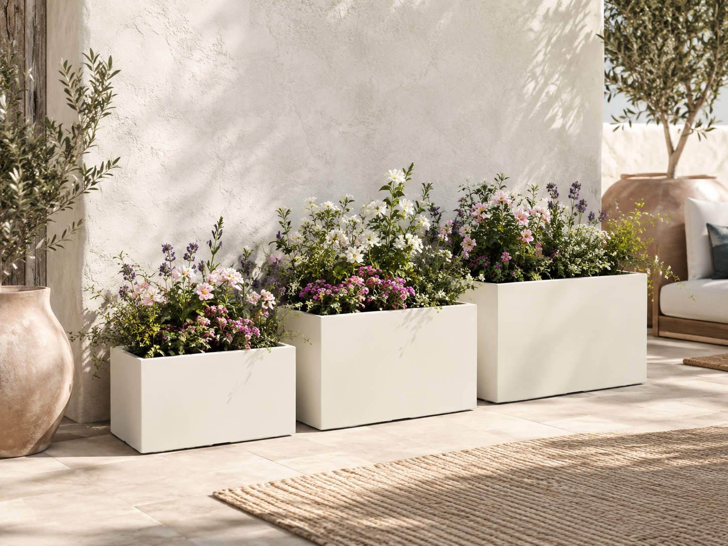 Rectangle Fiber Clay Planter Pots, Set of 3, Lightweight Outdoor Planters for Balcony, Patio and Terrace outdoor application view 3