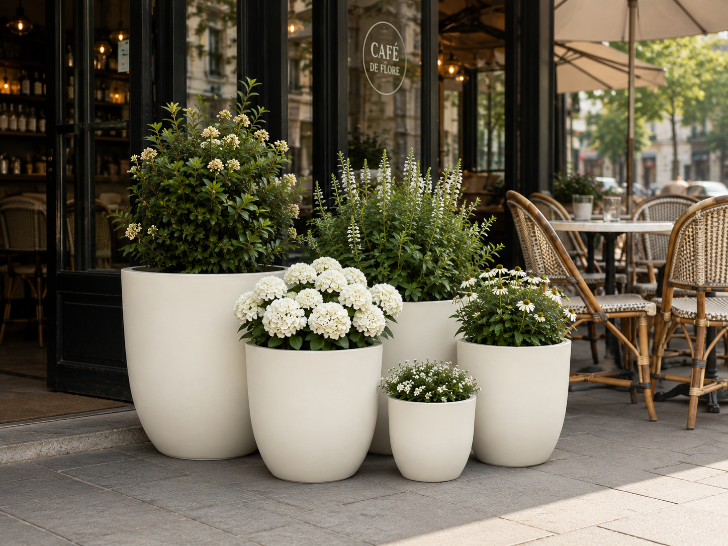 Round Fiber Clay Planter Pots, Set of 5, Matte Black Finish, Lightweight Outdoor Garden Planters for Patio and Landscape Decoration outdoor application view 3