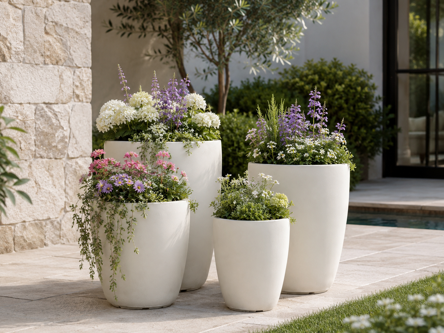 Round Tapered Fiber Clay Planter Pots, Set of 4, Smooth Matte Black Finish, Lightweight Outdoor Planters for Balcony, Patio and Garden outdoor application view 1