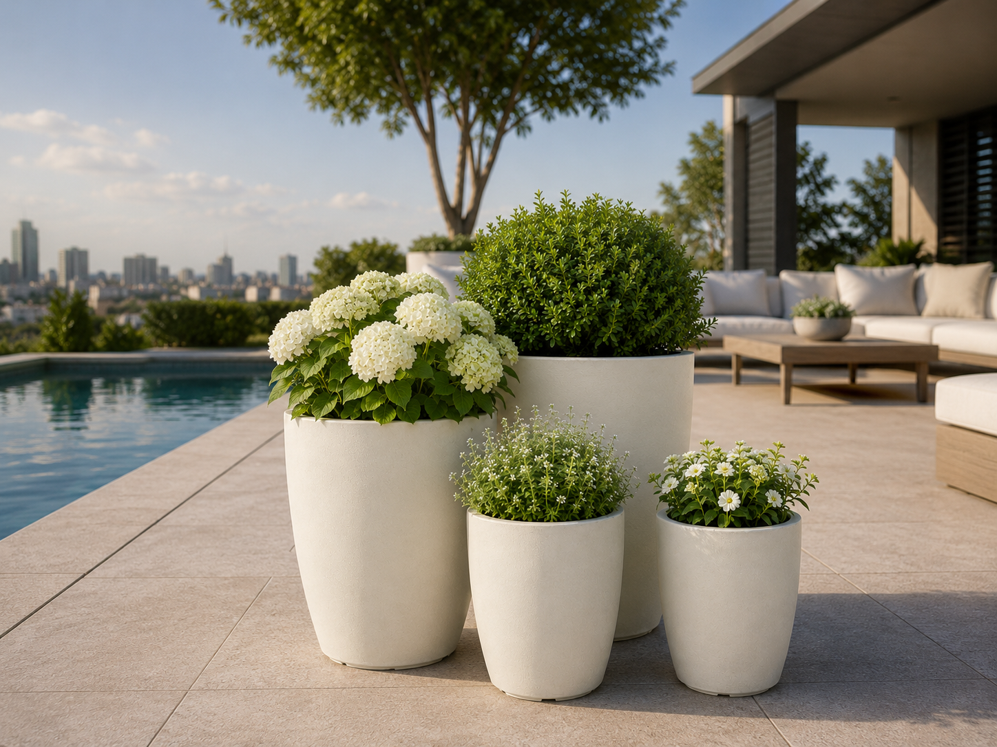 Round Tapered Fiber Clay Planter Pots, Set of 4, Smooth Matte Black Finish, Lightweight Outdoor Planters for Balcony, Patio and Garden outdoor application view 3