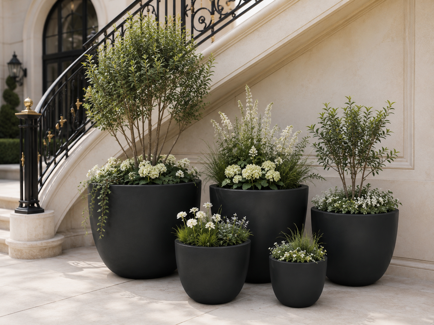 Large Round Fiber Clay Planter Pots, Set of 5/6, Smooth Matte Black Finish, Lightweight Outdoor Planters for Balcony, Patio and Garden outdoor application view 3