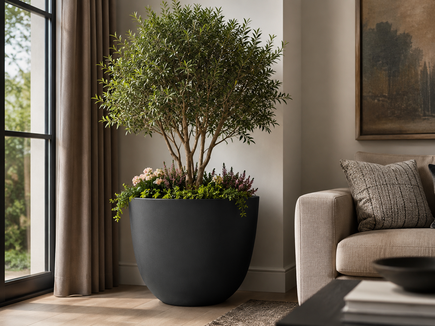 Large Round Fiber Clay Planter Pots, Set of 5/6, Smooth Matte Black Finish, Lightweight Outdoor Planters for Balcony, Patio and Garden outdoor application view 2