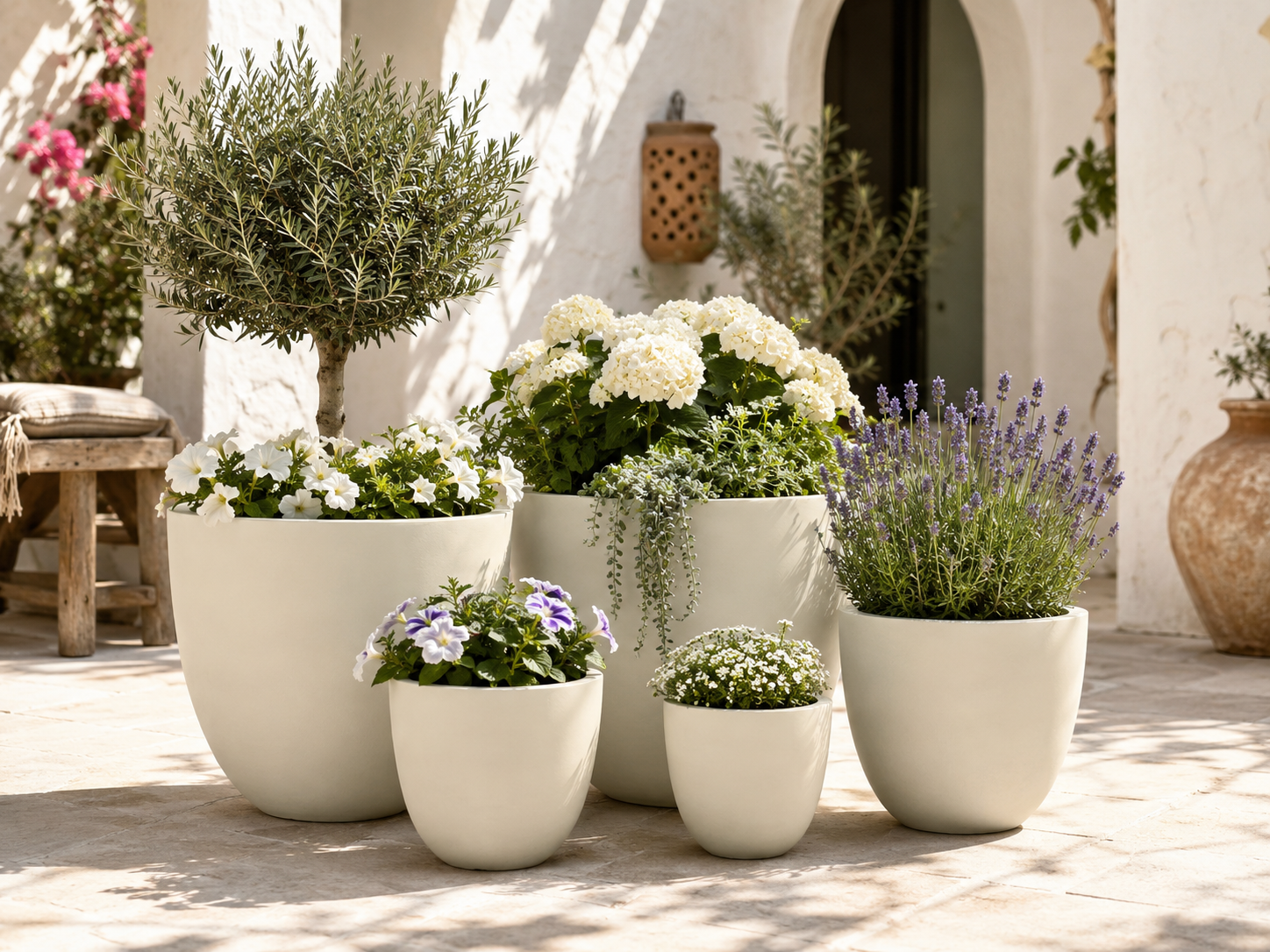 Large Round Fiber Clay Planter Pots, Set of 5/6, Smooth Matte Black Finish, Lightweight Outdoor Planters for Balcony, Patio and Garden outdoor application view 1