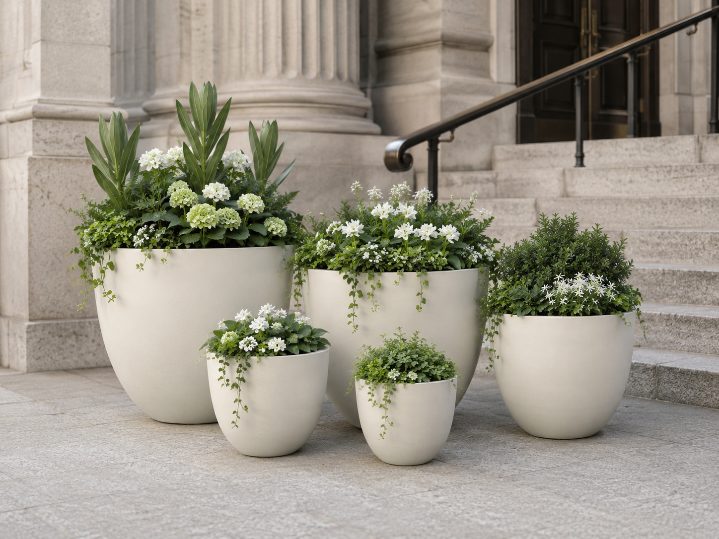 Large Round Fiber Clay Planter Pots, Set of 5/6, Smooth Matte Black Finish, Lightweight Outdoor Planters for Balcony, Patio and Garden outdoor application view 3