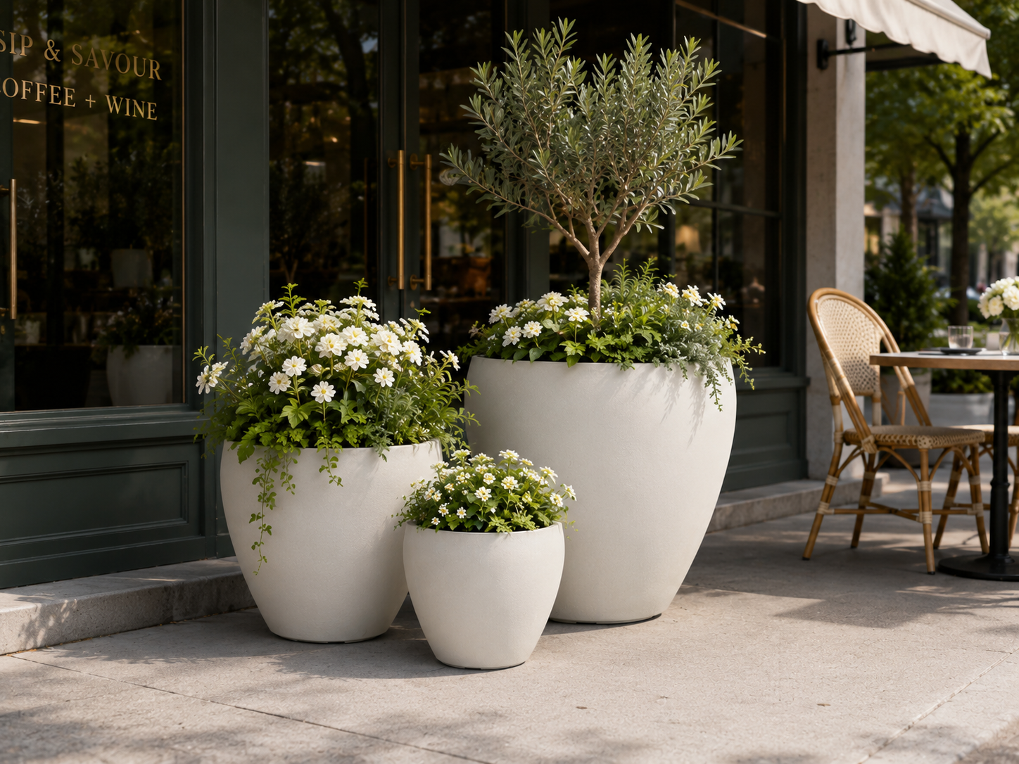 Round Egg Fiber Clay Planter Pots, Set of 3, Smooth Matte Black Finish, Lightweight Outdoor Planters for Hotel Entrance, Patio and Garden outdoor application view 1