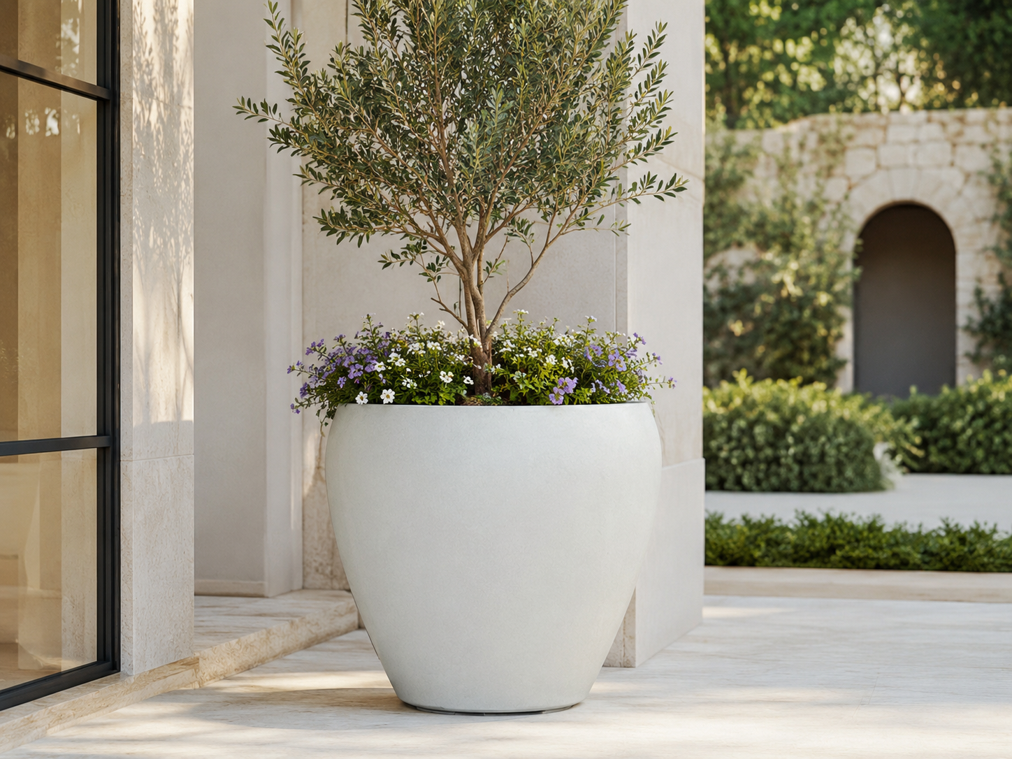 Round Egg Fiber Clay Planter Pots, Set of 3, Smooth Matte Black Finish, Lightweight Outdoor Planters for Hotel Entrance, Patio and Garden outdoor application view 2
