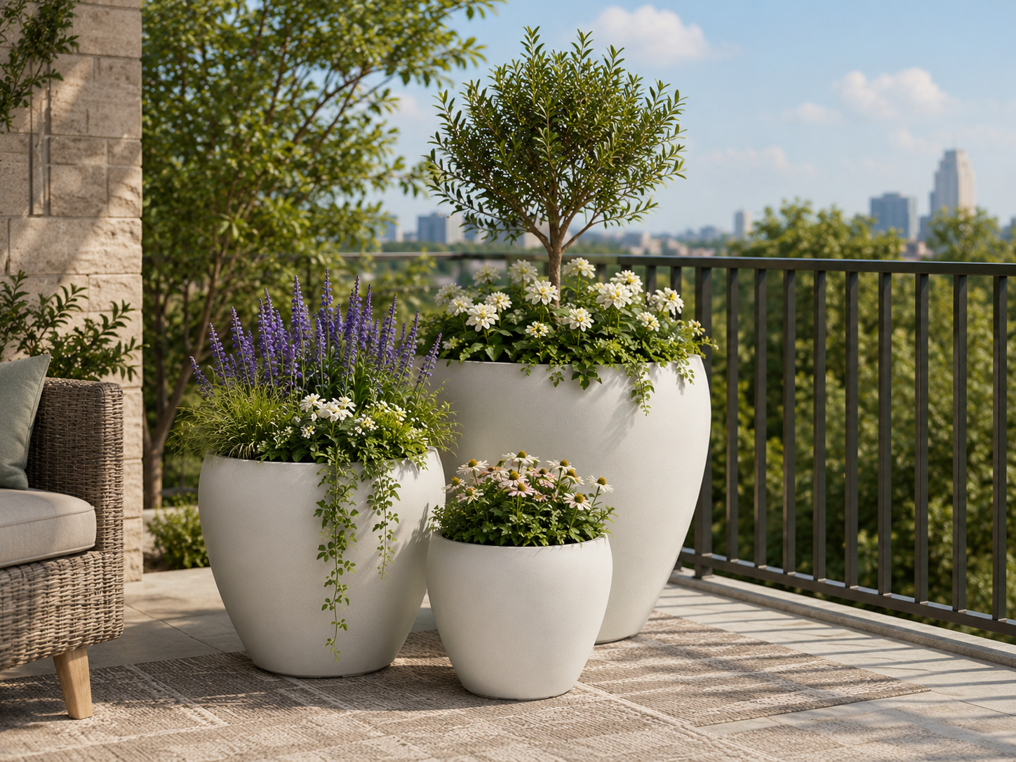 Round Egg Fiber Clay Planter Pots, Set of 3, Smooth Matte Black Finish, Lightweight Outdoor Planters for Hotel Entrance, Patio and Garden outdoor application view 3