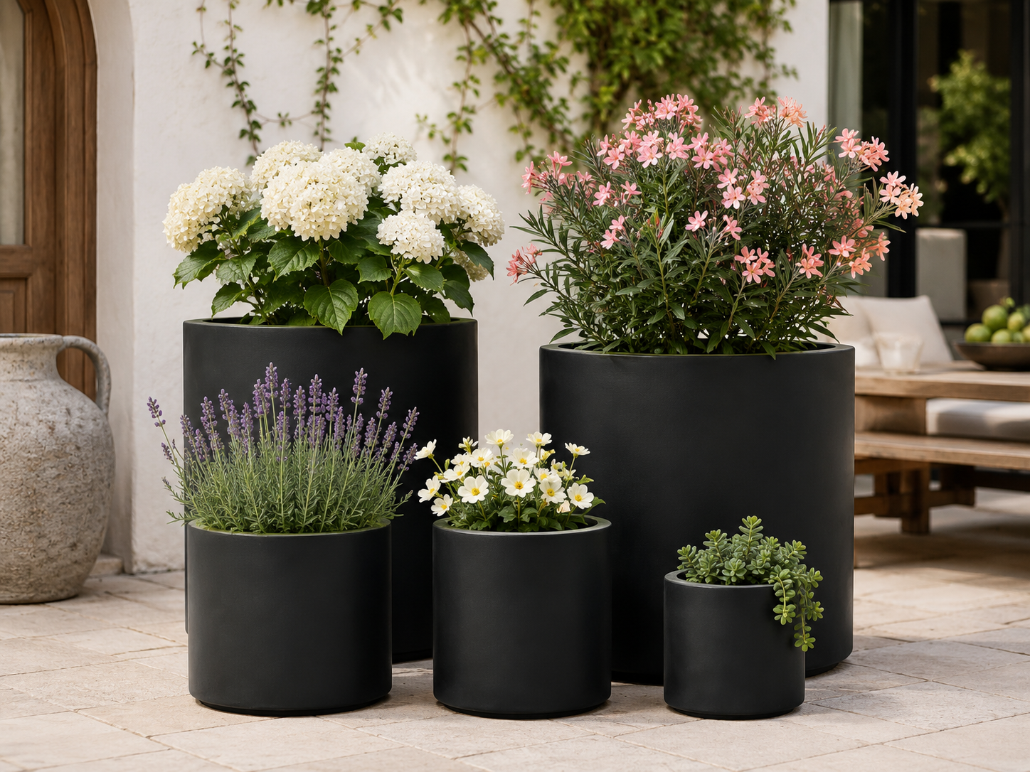 Round Cylinder Fiber Clay Planter Pots, Set of 5, Smooth Matte Black Finish, Lightweight Outdoor Planters for Balcony, Patio and Garden outdoor application view 1