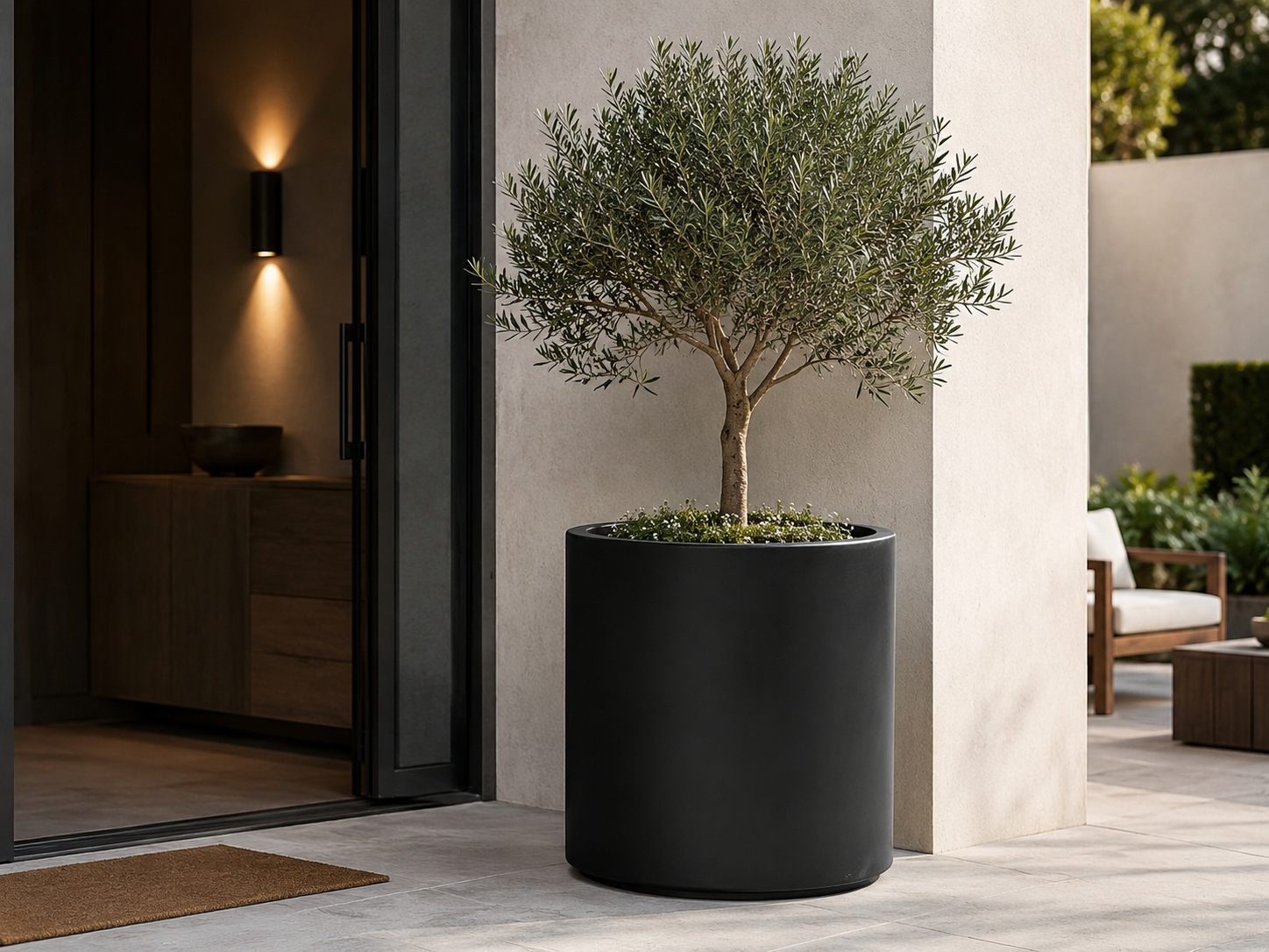 Round Cylinder Fiber Clay Planter Pots, Set of 5, Smooth Matte Black Finish, Lightweight Outdoor Planters for Balcony, Patio and Garden outdoor application view 2