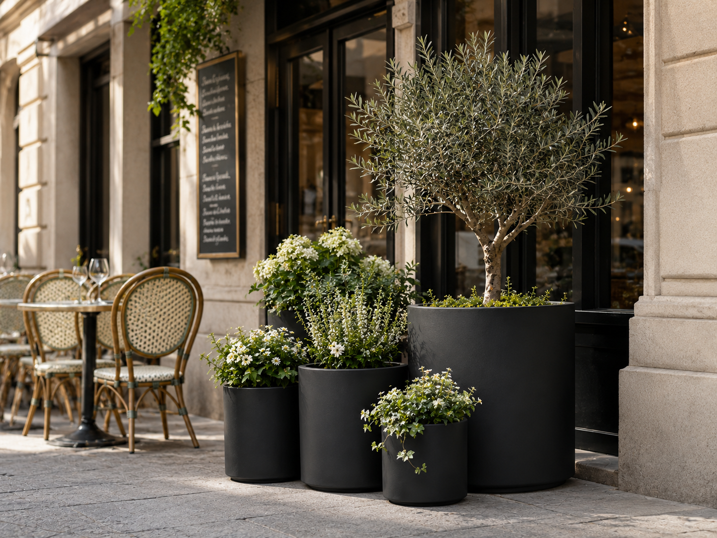 Round Cylinder Fiber Clay Planter Pots, Set of 5, Smooth Matte Black Finish, Lightweight Outdoor Planters for Balcony, Patio and Garden outdoor application view 3