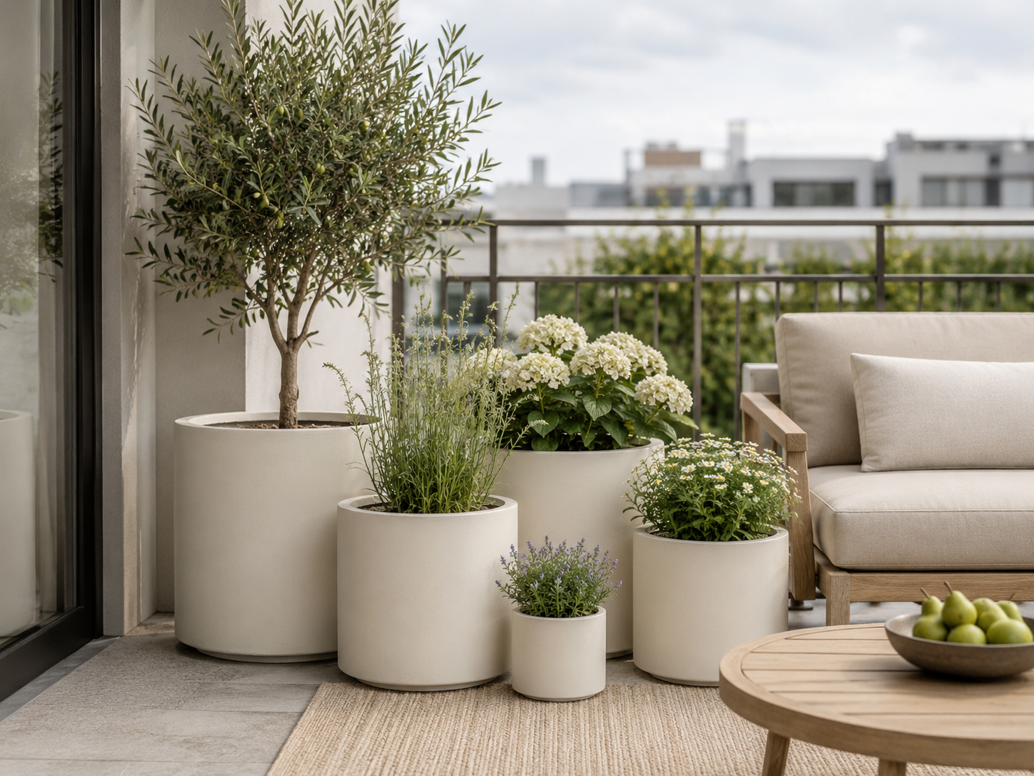 Round Cylinder Fiber Clay Planter Pots, Set of 5, Smooth Matte Black Finish, Lightweight Outdoor Planters for Balcony, Patio and Garden outdoor application view 1