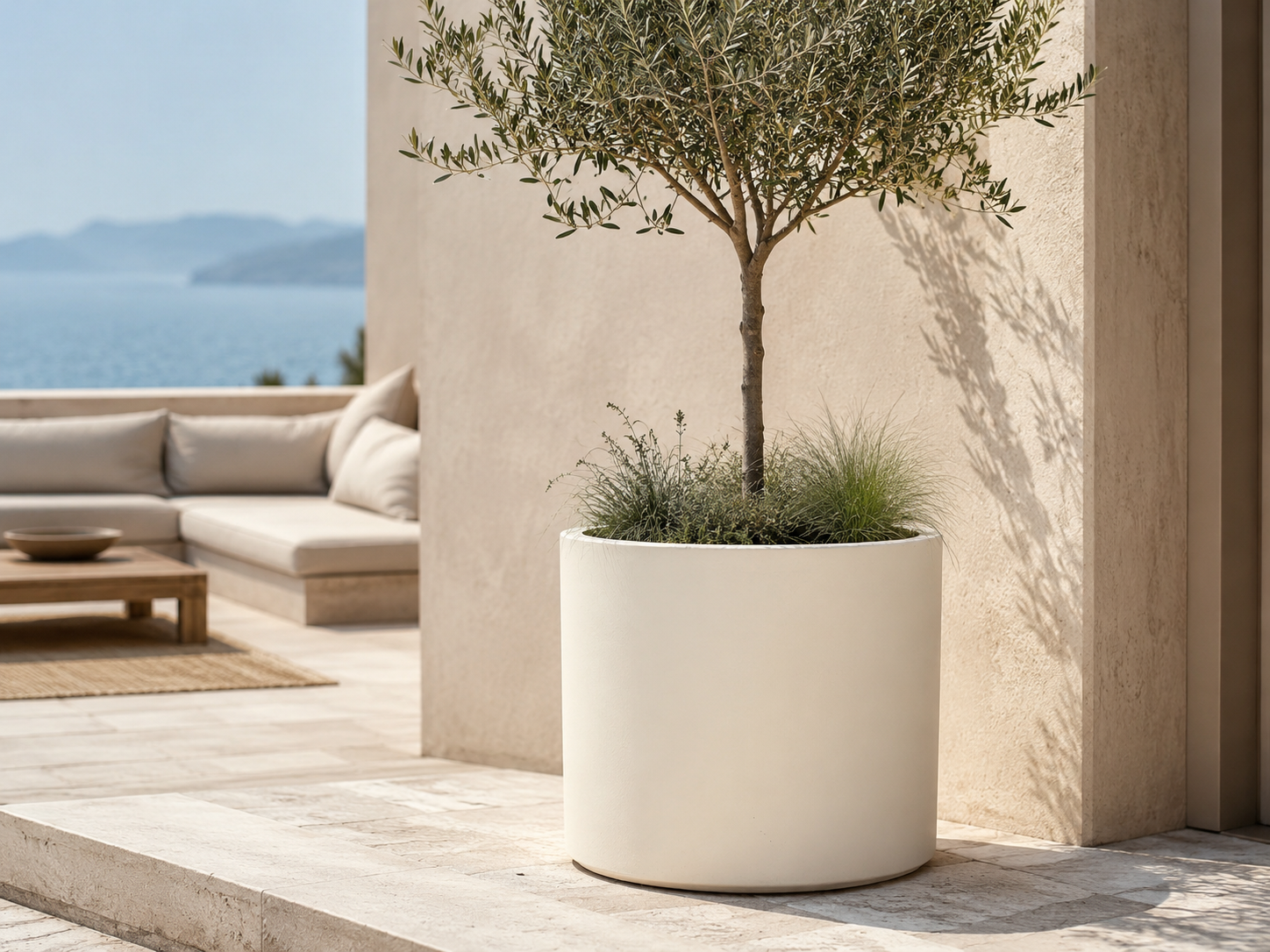 Round Cylinder Fiber Clay Planter Pots, Set of 5, Smooth Matte Black Finish, Lightweight Outdoor Planters for Balcony, Patio and Garden outdoor application view 2