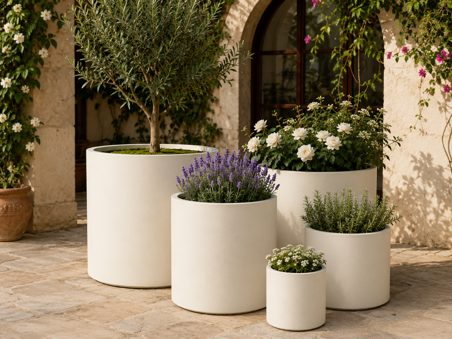 Round Cylinder Fiber Clay Planter Pots, Set of 5, Smooth Matte Black Finish, Lightweight Outdoor Planters for Balcony, Patio and Garden outdoor application view 3