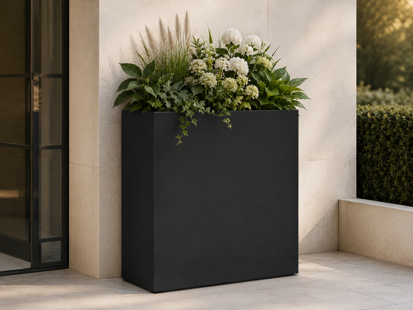 Rectangular Fiber Clay Planter Boxes, Smooth Matte Black Finish, Lightweight Outdoor Trough Planters for Patio, Poolside and Landscape Projects outdoor application view 1