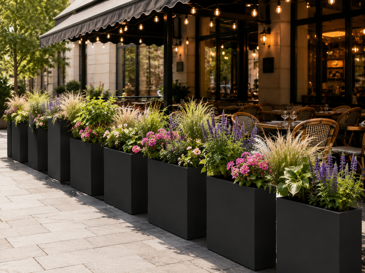 Rectangular Fiber Clay Planter Boxes, Smooth Matte Black Finish, Lightweight Outdoor Trough Planters for Patio, Poolside and Landscape Projects outdoor application view 2