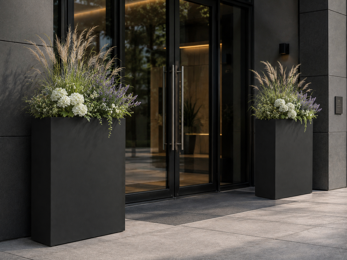 Rectangular Fiber Clay Planter Boxes, Smooth Matte Black Finish, Lightweight Outdoor Trough Planters for Patio, Poolside and Landscape Projects outdoor application view 3