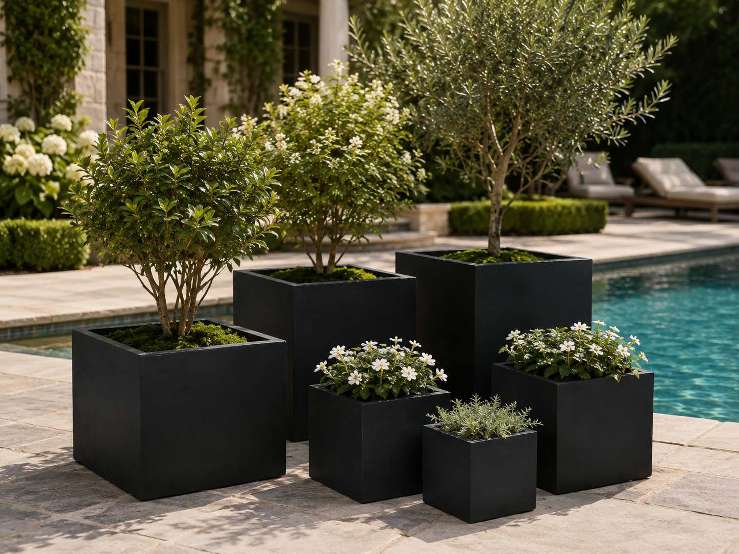 Wholesale Outdoor Square Fiber Clay Planter Pots, Set of 5, Smooth Matte Black Finish for Rooftop Terraces, Patios and Landscape Projects outdoor application view 1