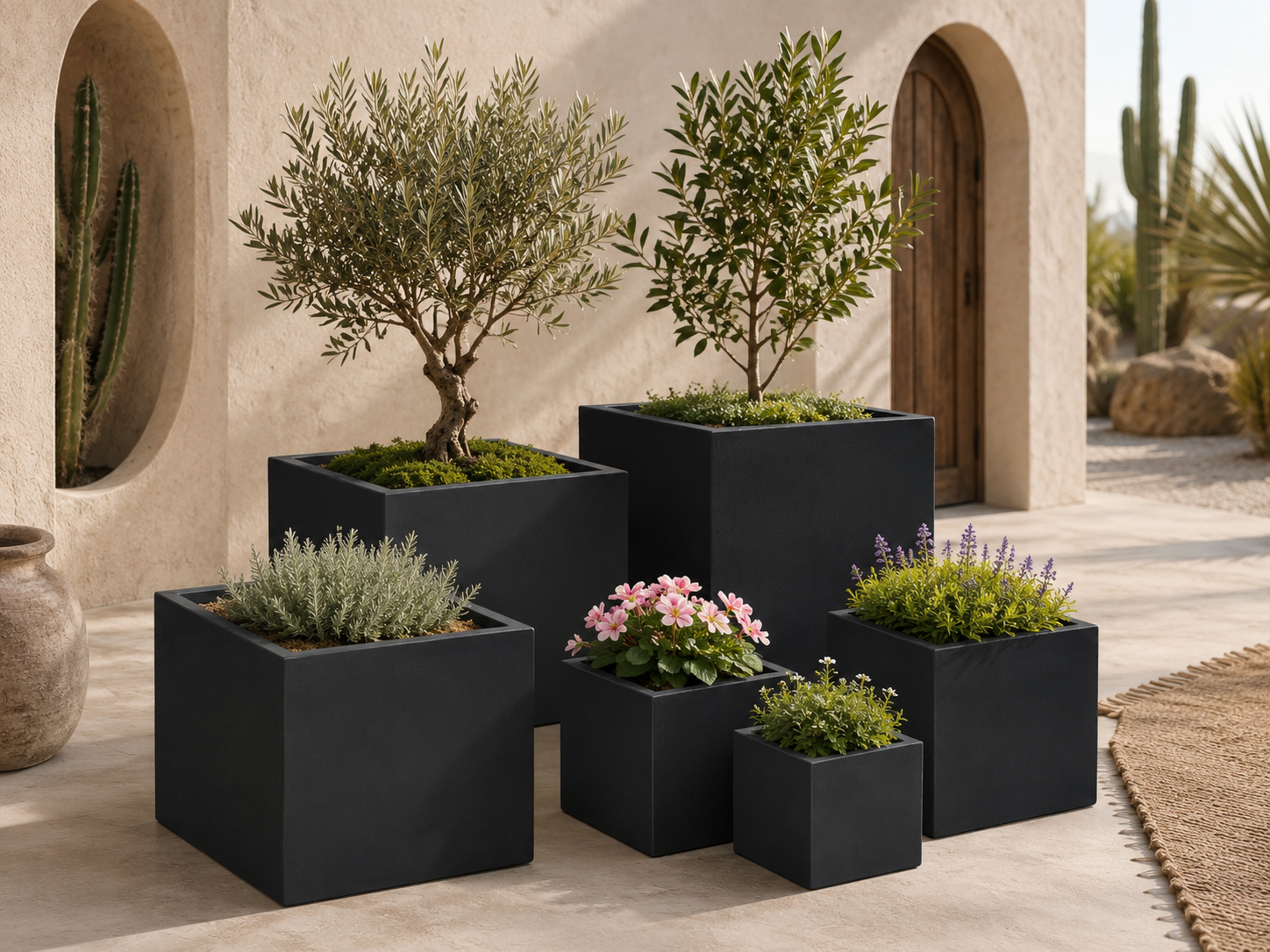 Wholesale Outdoor Square Fiber Clay Planter Pots, Set of 5, Smooth Matte Black Finish for Rooftop Terraces, Patios and Landscape Projects outdoor application view 3