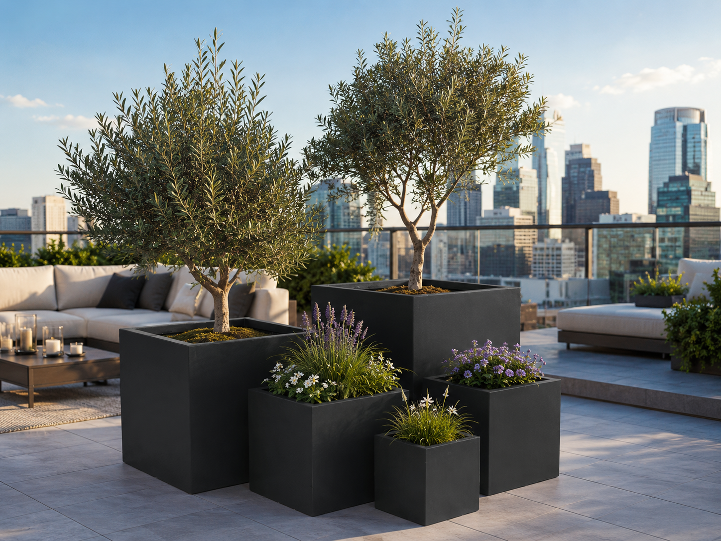 Wholesale Outdoor Square Fiber Clay Planter Pots, Set of 5, Smooth Matte Black Finish for Rooftop Terraces, Patios and Landscape Projects outdoor application view 2