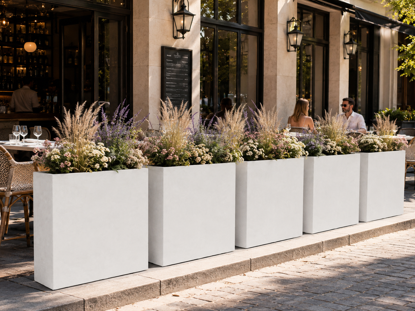 Rectangular Fiber Clay Planter Boxes, Smooth Matte Black Finish, Lightweight Outdoor Trough Planters for Patio, Poolside and Landscape Projects outdoor application view 2
