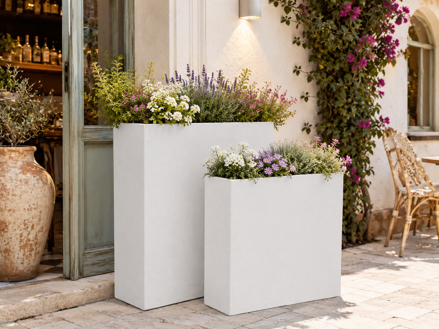 Rectangular Fiber Clay Planter Boxes, Smooth Matte Black Finish, Lightweight Outdoor Trough Planters for Patio, Poolside and Landscape Projects outdoor application view 3