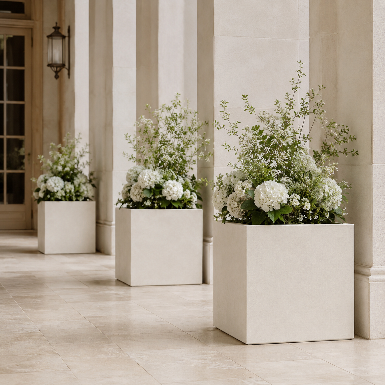 Wholesale Outdoor Square Fiber Clay Planter Pots, Set of 5, Smooth Matte Black Finish for Rooftop Terraces, Patios and Landscape Projects outdoor application view 1