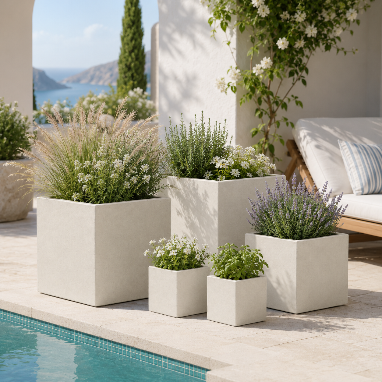 Wholesale Outdoor Square Fiber Clay Planter Pots, Set of 5, Smooth Matte Black Finish for Rooftop Terraces, Patios and Landscape Projects outdoor application view 3